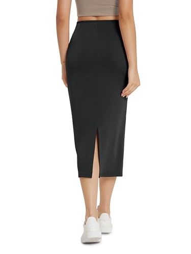 Modal Soft Midi Skirt for Women Back Slit High Waist Casual Long Pencil Skirts with Pockets