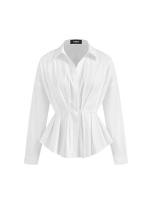 Womens Shirts Dressy Casual Pleated Button Down Shirt Long Sleeve Work Blouse Collar Solid Top