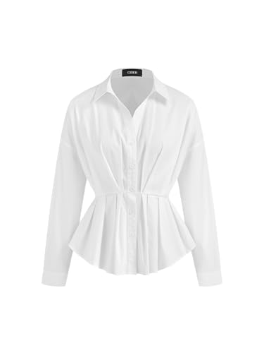 Womens Shirts Dressy Casual Pleated Button Down Shirt Long Sleeve Work Blouse Collar Solid Top