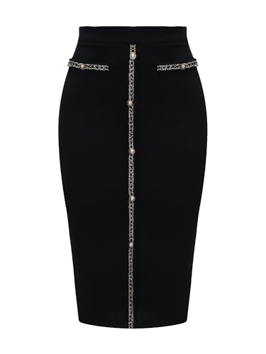 Women's Pencil Skirt High Waist Tweed Trim Stretchy Office Work Bodycon Midi Skirts