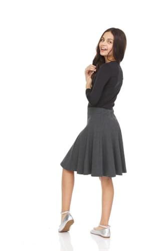 Girls' School Uniform Pleated Pull-on Knee Length Ribbed Cotton Panel Skirt, Knit Waistband
