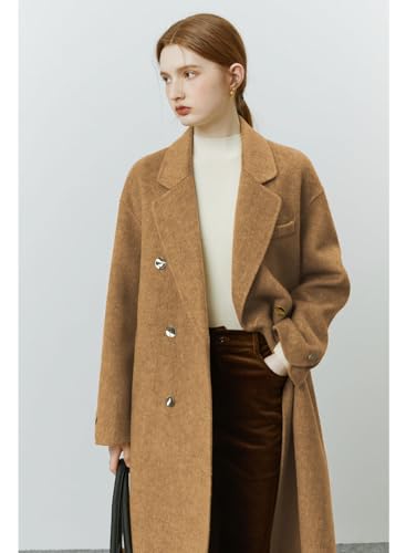 Womens Pea Coats Fall Long Trench Coat Double Breasted Button Down Lapel Belted Peacoat