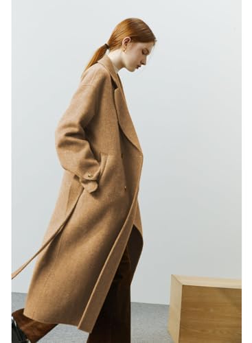 Womens Pea Coats Fall Long Trench Coat Double Breasted Button Down Lapel Belted Peacoat
