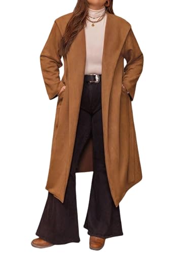 Women's Plus Size Hooded Trench Coat Faux Suede Long Wrap Coat Elegant Belted Fall Winter Outwear