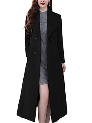 Women's Trench Coat Shawl Collar Double Breasted Maxi Long Pea Coat Winter Work Jacket Wool Blend Overcoat