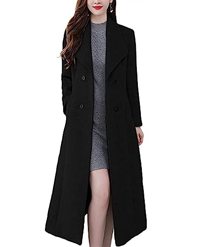 Women's Trench Coat Shawl Collar Double Breasted Maxi Long Pea Coat Winter Work Jacket Wool Blend Overcoat