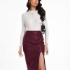 Women's Fuax Leather Skirt High Waisted Ruched Front Slit Bodycon Slim Pencil Midi Skirts