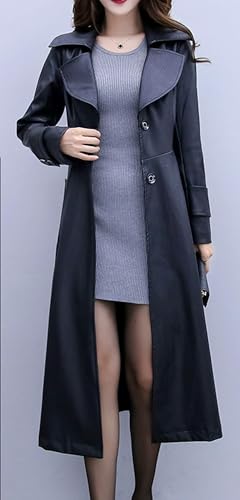 Women's Elegant Lapel Collar 2 Button Fit-Flare Pu Leather Long Trench Coat