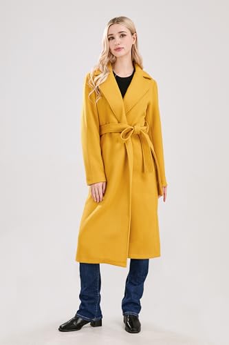 Womens Long Wool Pea Coats Notched Collar Open Front Woolen Blend Trench Coat with Belt