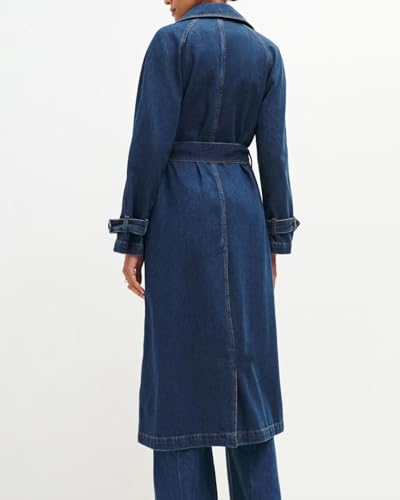 Women's Denim Trench Coat Double Breasted Jean Midi Overcoat Classic Lapel Long Jackets With Belt