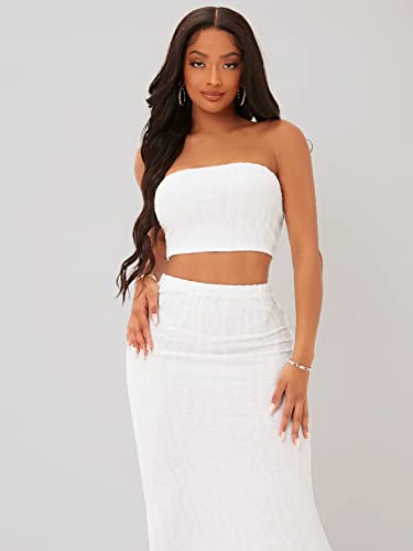 Textured Crop Tube Top & Pencil Skirt Set (Color : White, Size : Medium)