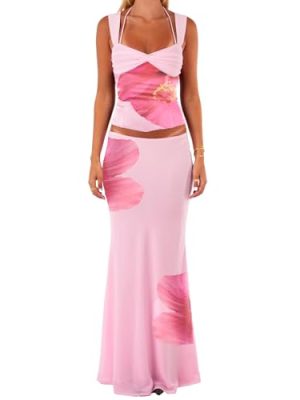 Women Two Piece Maxi Skirt Sets Y2k Floral Print Cami Top Slim Fit Pencil Long Skirt Vacation Beach Outfits