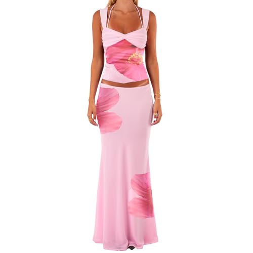 Women Two Piece Maxi Skirt Sets Y2k Floral Print Cami Top Slim Fit Pencil Long Skirt Vacation Beach Outfits