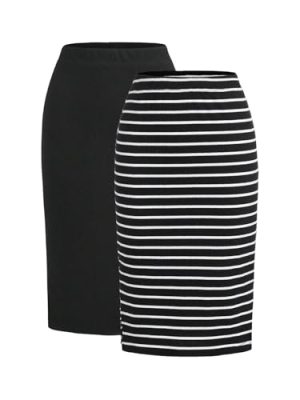 Women's Plus Size 2 Pack Striped Slit Midi Skirts High Waist Pencil Skirt