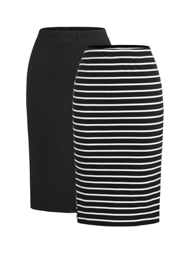 Women's Plus Size 2 Pack Striped Slit Midi Skirts High Waist Pencil Skirt
