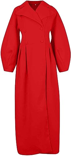 2025 Women Wool Coat Double Breasted Lapel Pea Coats Ankle Length Solid Color Overcoat Lantern Sleeve Long Trench Coat