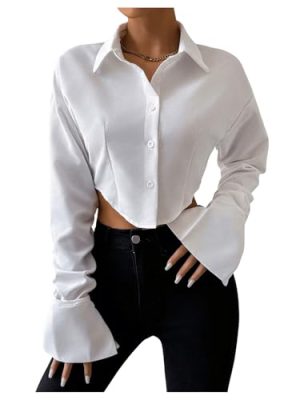 Women's Cropped Button Down Shirts Long Sleeve Collared Crop Tops Office Work Business Outfits