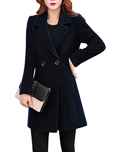 Womens Elegant Notched Collar Button Wool Blend Solid Long Pea Coat Overcoat