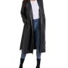Women's Black Faux Leather Long Coat PU Leather Notched Lapel Trench Coat Open Front Maxi Jacket Overcoat