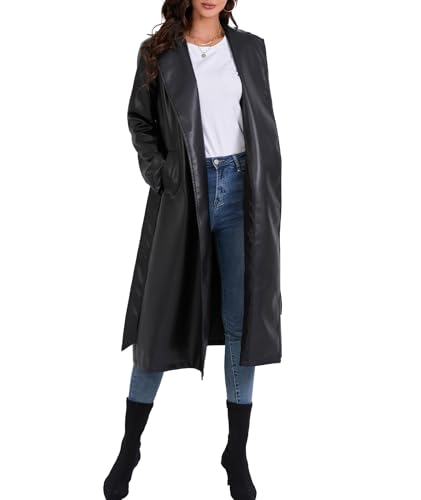 Women's Black Faux Leather Long Coat PU Leather Notched Lapel Trench Coat Open Front Maxi Jacket Overcoat