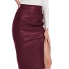 Women's Fuax Leather Skirt High Waisted Ruched Front Slit Bodycon Slim Pencil Midi Skirts