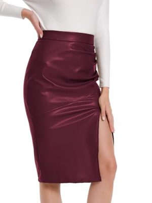 Women's Fuax Leather Skirt High Waisted Ruched Front Slit Bodycon Slim Pencil Midi Skirts