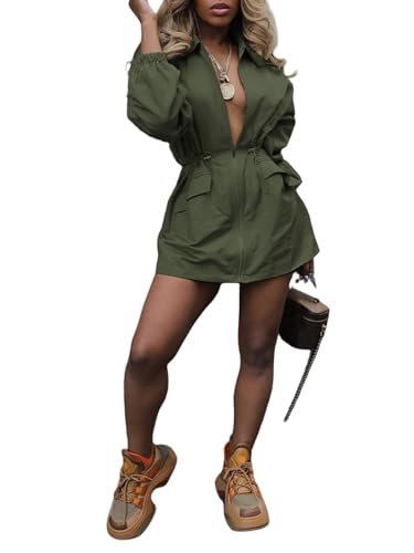 Casual Safari Dress for Women Long Sleeve Zipper Drawstring Cargo Dresses