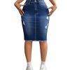 Women's Denim Pencil Skirt High Waisted Ripped Raw Hem Knee Length Stretch Bodycon Skirt