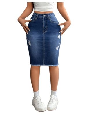 Women's Denim Pencil Skirt High Waisted Ripped Raw Hem Knee Length Stretch Bodycon Skirt