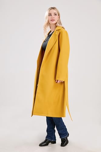Womens Long Wool Pea Coats Notched Collar Open Front Woolen Blend Trench Coat with Belt