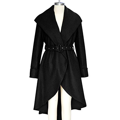 Women's Winter Wool Trench Coat Wrap Large Collar High Low Jacket Outwear with Belt