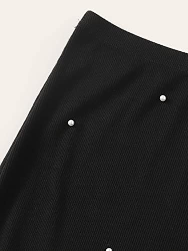 Two Piece Outfits for Women Pearl Beaded Lettuce Edge Rib-Knit Tee and Pencil Skirt Set (Color : Black, Size : X-Small)
