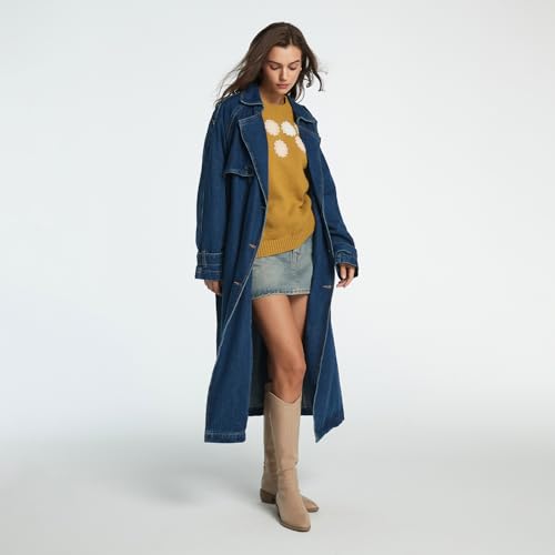 Women's Lapel Denim Trench Coat Long Sleeve Double Midi Classic Breasted Jackets With Belt