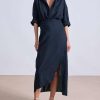 Women Cotton Linen Wrap Shirt Maxi Dress Button Down Long Sleeve Lapel Asym Slit Hem Sundress