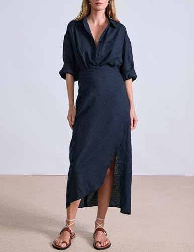 Women Cotton Linen Wrap Shirt Maxi Dress Button Down Long Sleeve Lapel Asym Slit Hem Sundress
