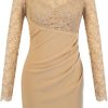 Women's Office Work Dress Lace Trim Pencil Dress Long Sleeve Slim Fit Mini Skirt Elegant Party Dress(Medium)