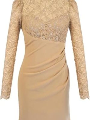 Women's Office Work Dress Lace Trim Pencil Dress Long Sleeve Slim Fit Mini Skirt Elegant Party Dress(Medium)