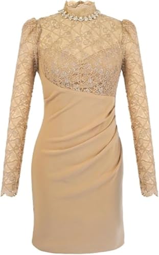 Women's Office Work Dress Lace Trim Pencil Dress Long Sleeve Slim Fit Mini Skirt Elegant Party Dress(Medium)