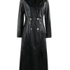 Women Extra Long Red Black Pu Leather Trench Coat Gold Button Double Breasted Elegant Chic Overcoat