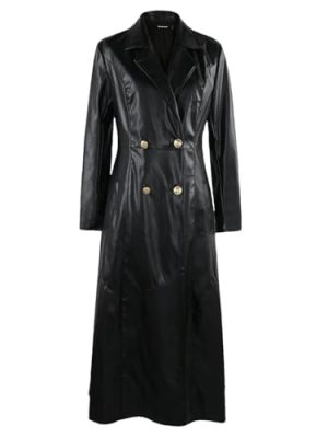 Women Extra Long Red Black Pu Leather Trench Coat Gold Button Double Breasted Elegant Chic Overcoat