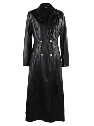 Women Extra Long Red Black Pu Leather Trench Coat Gold Button Double Breasted Elegant Chic Overcoat