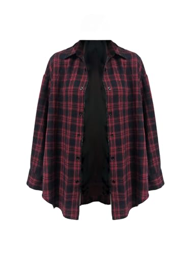 Women's Vintage Button Down Long Sleeve Flannel Plaid Collared Shirt Shacket Blouse