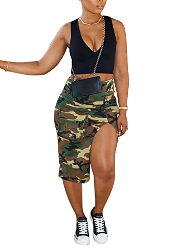 Casual Camo Cargo Skirts for Women Sexy High Split Frayed Raw Hem Pencil Maxi Skirts with Pockets