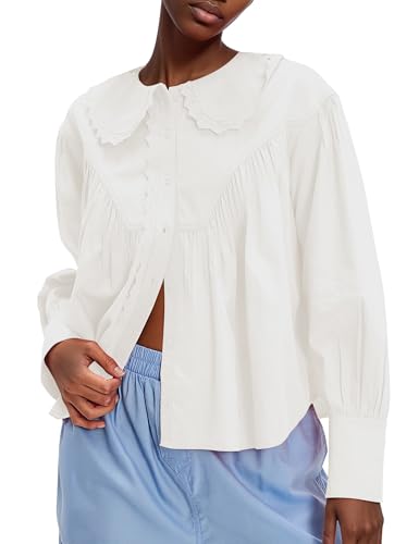 Womens Peter Pan Collar Button Down Blouses Shirts Loose Fit Casual Long Sleeve Summit Shirt