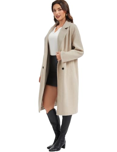 Women's Long Pea Coat Double Breasted Notch Lapel Trench Coat Office Work Peacoat Jacket Dress Coat