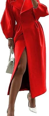 2025 Women Wool Coat Double Breasted Lapel Pea Coats Ankle Length Solid Color Overcoat Lantern Sleeve Long Trench Coat