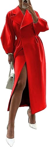 2025 Women Wool Coat Double Breasted Lapel Pea Coats Ankle Length Solid Color Overcoat Lantern Sleeve Long Trench Coat