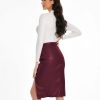 Women's Fuax Leather Skirt High Waisted Ruched Front Slit Bodycon Slim Pencil Midi Skirts