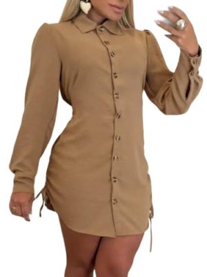 Women Shirt Dress 2025 Long Sleeve Button Down Blouses Side Drawstring Mini Dresses