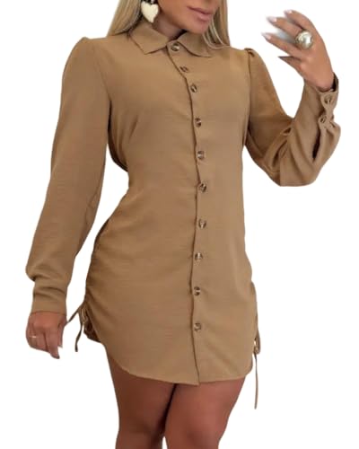 Women Shirt Dress 2025 Long Sleeve Button Down Blouses Side Drawstring Mini Dresses